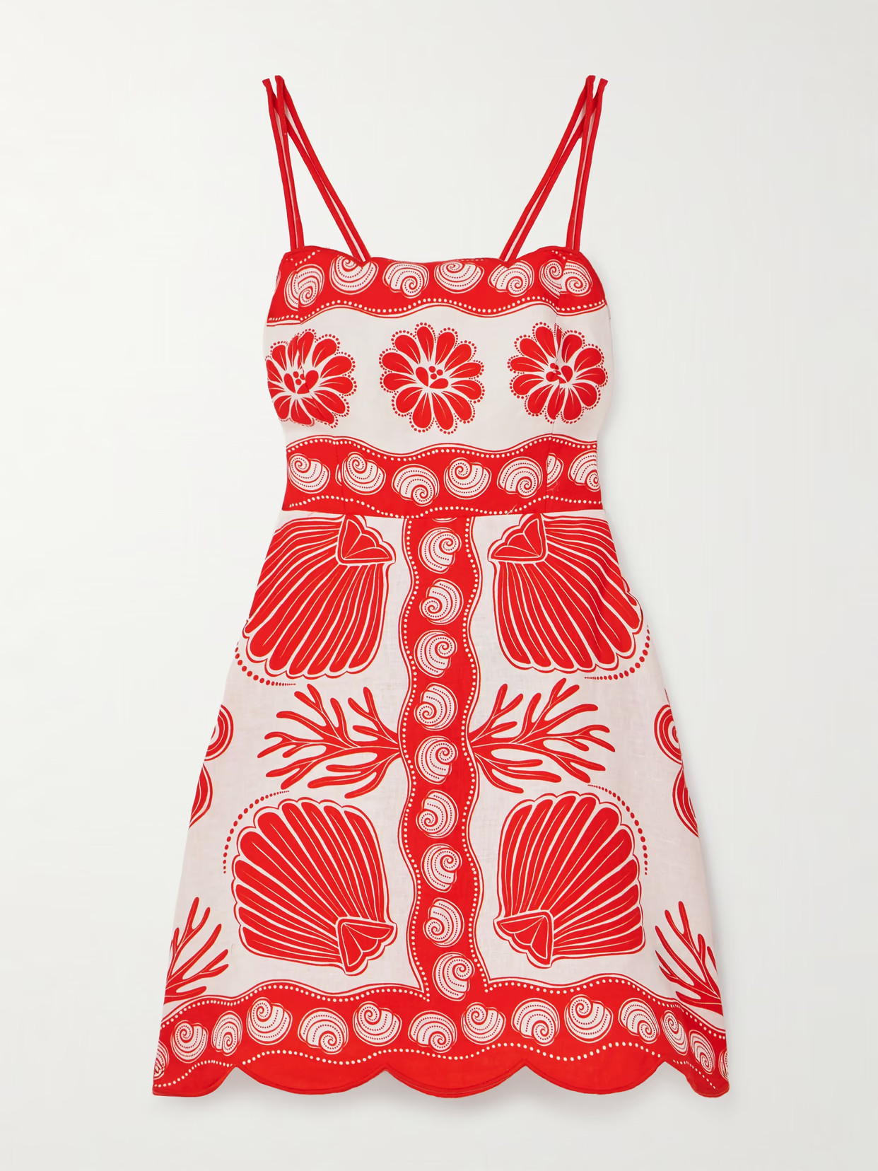 Farm Rio - Ainika Scalloped Printed Linen Mini Dress - Red | NET-A-PORTER (US)