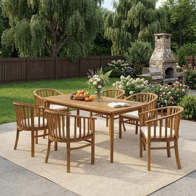 Christopher Knight Home Estrella Modern 7 Piece Patio Acacia Dining Set with Slatted Table and Cushions, Teak/Cream | Target