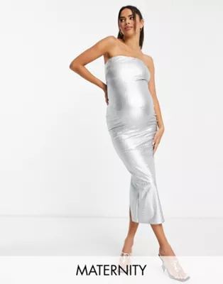 Naked Wardrobe Maternity moc croc bandeau midi pencil dress in silver | ASOS (Global)