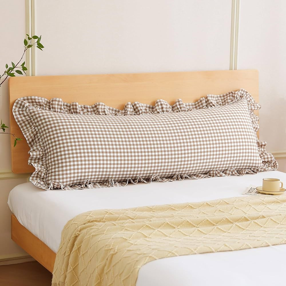 Taupe White Plaid Body Pillow Cover with Ruffles 20x54 inches, 100% Cotton Rustic French Country ... | Amazon (US)