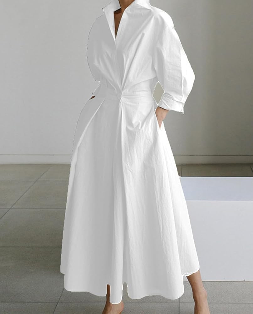 Cotton Linen Maxi Shirt Dress for Women Button Smocked Waist Loose Long Dress Long Sleeve Lapel B... | Amazon (US)