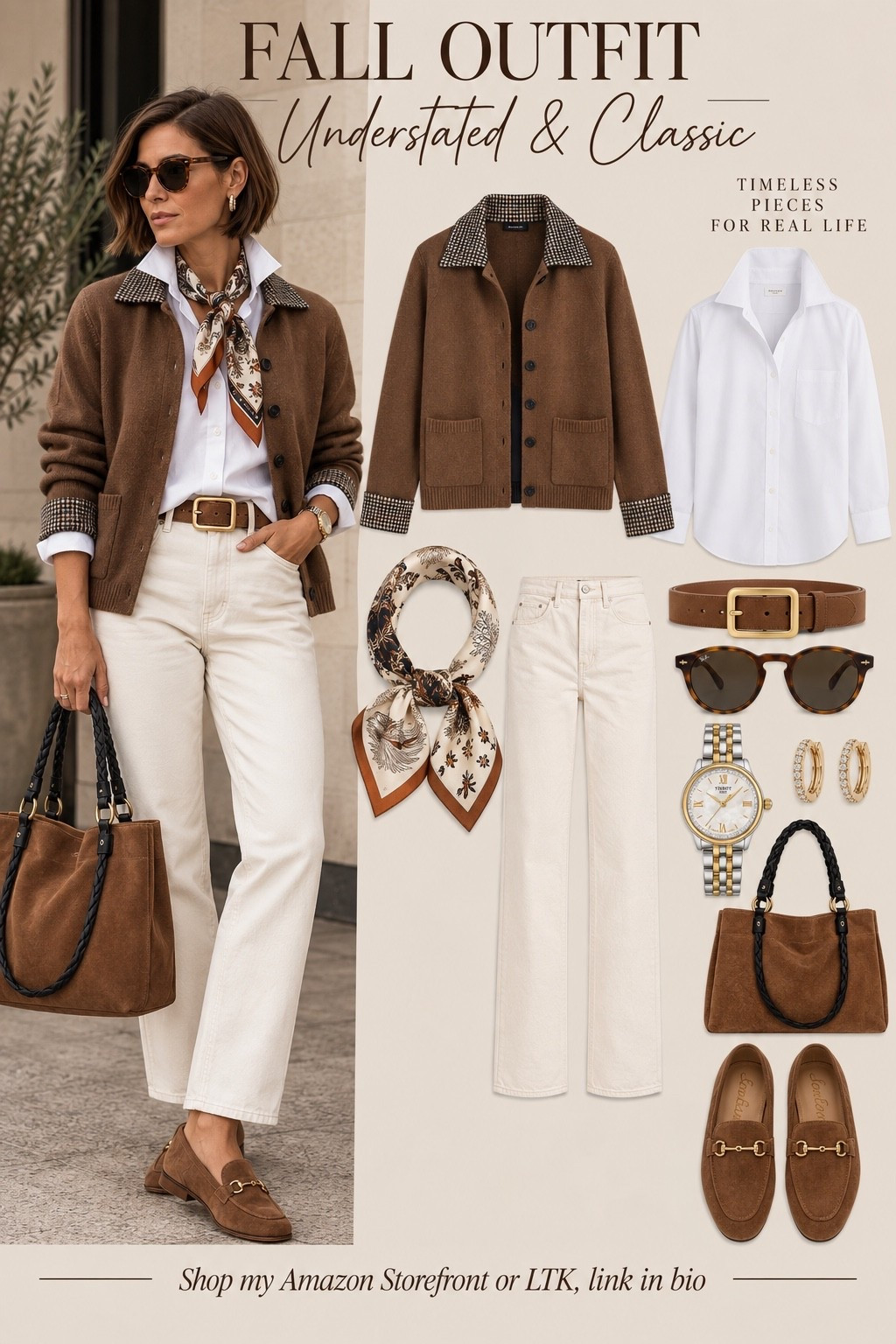 This is exactly what I mean by timeless pieces doing all the work. 🤎 A crisp white shirt, beautiful cardigan, cream denim and loafers already feel classic—but adding the scarf, popped collar and rich brown accessories gives the whole look that Ralph Lauren-inspired aesthetic without the Ralph Lauren price tag.

Polished, effortless, and completely wearable for real life. 🍂 #LTKStyle #RalphLaurenInspired #FallStyle #ClassicStyle #TimelessStyle #AffordableFashion #Over50Style #ElevatedBasics

#LTKOver40 #LTKMidsize #LTKootd