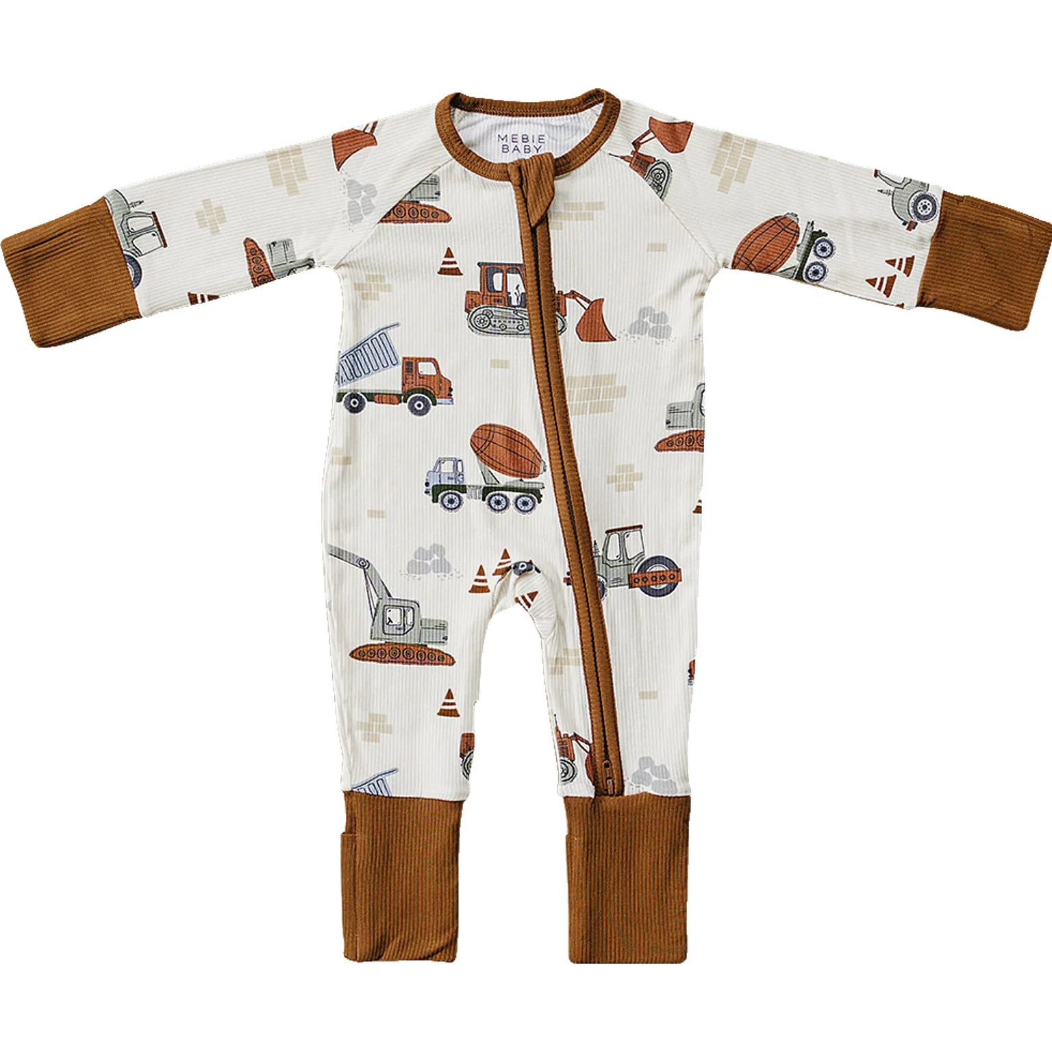 Construction Trucks Bamboo Zipper for Babies | Double Zipper, Sizes Newborn to 18M | Mebie Baby