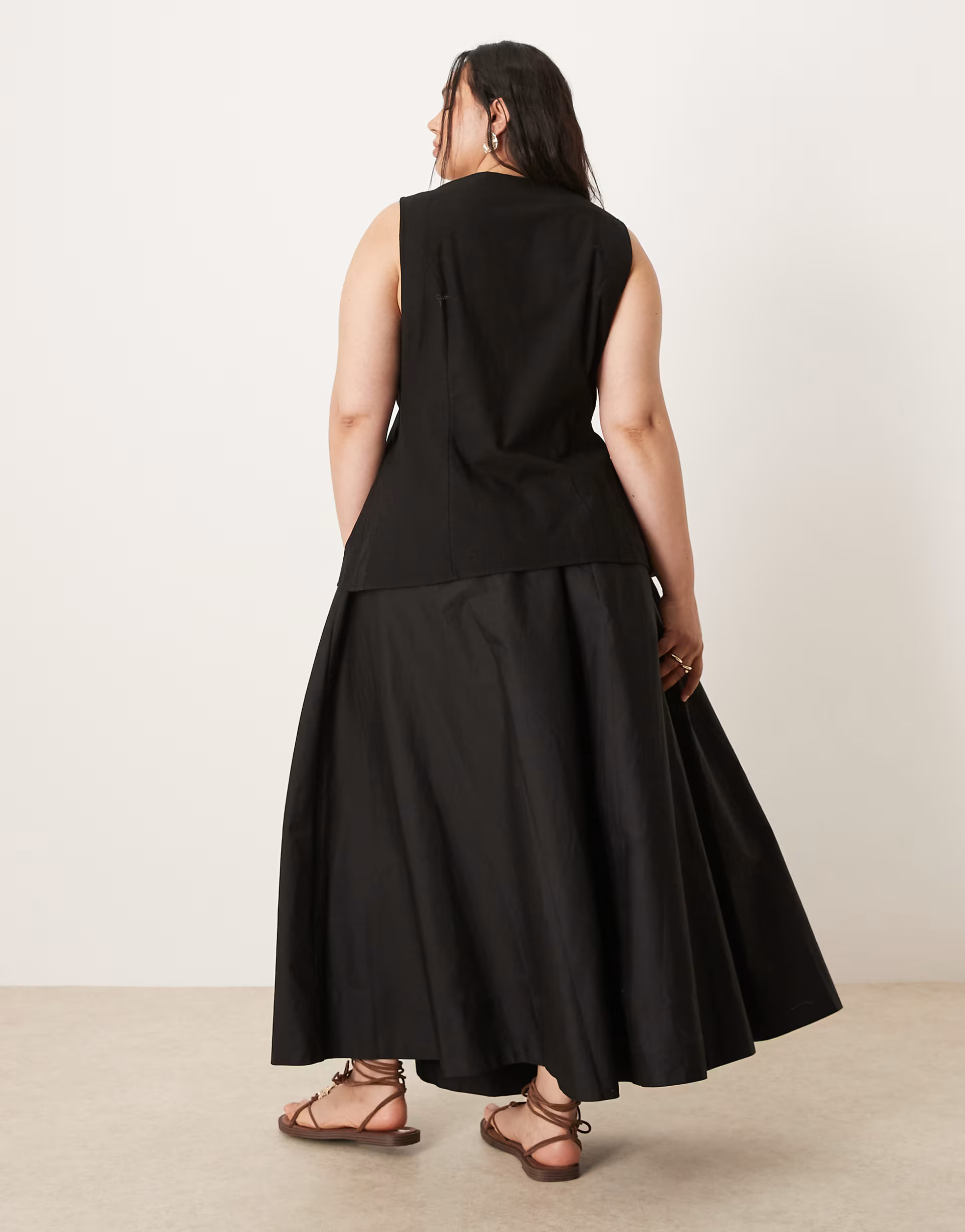 ASOS DESIGN Curve linen look waistcoat maxi dress with poplin skirt in black | ASOS (Global)