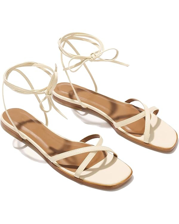 Strappy Flats Sandals for Women Summer Gladiator Lace Up Flat Sandals Open Square Toe Casual Beac... | Amazon (US)