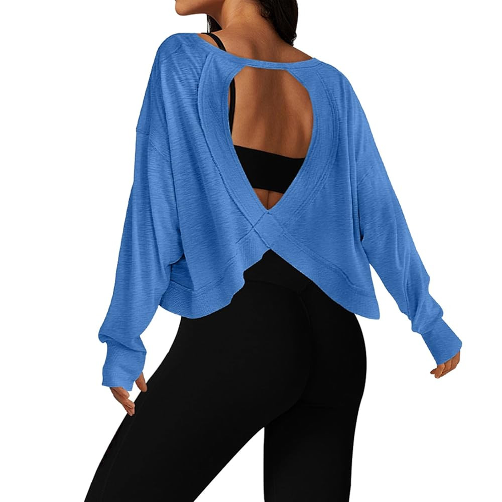 Open Back Workout Tops for Women Long Sleeve Cropped Athletic Clothes Gym Running Yoga Low Impact... | Amazon (US)