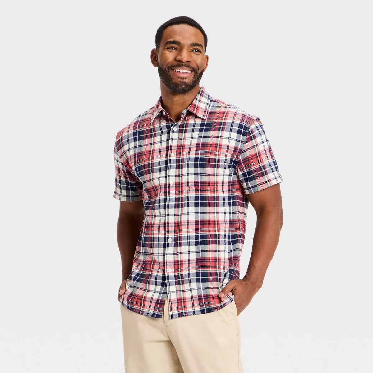 Men's Short Sleeve Button-Down Madras Shirts - Goodfellow & Co\u2122 Dark Red L | Target