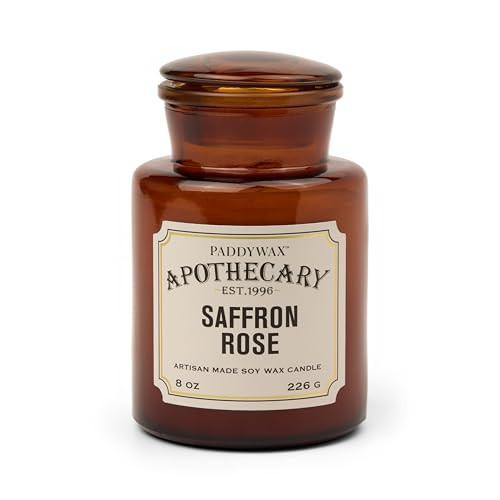 Paddywax Artisan Apothecary Scented Candle with Lid in Reusable Glass Jar, Clean-Burn Soy Candle with Approx. 54 Hour Burn Time, Saffron & Rose, 8 oz | Amazon (US)