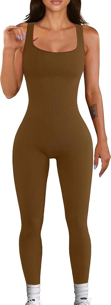 YIOIOIO Women Workout Seamless Jumpsuit Yoga Ribbed Bodycon One Piece Square Neck Leggings Romper | Amazon (US)
