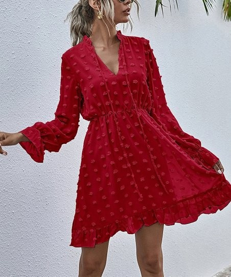 Red Tufted Ruffle Tie-Neck Poet-Sleeve Empire-Waist Dress - Women | Zulily