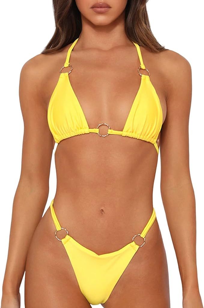 MIKETAI Sexy Bikinis for Women 2 Piece Bikini Spaghetti Strap Swimsuits Solid Color Bathing Swimw... | Amazon (US)