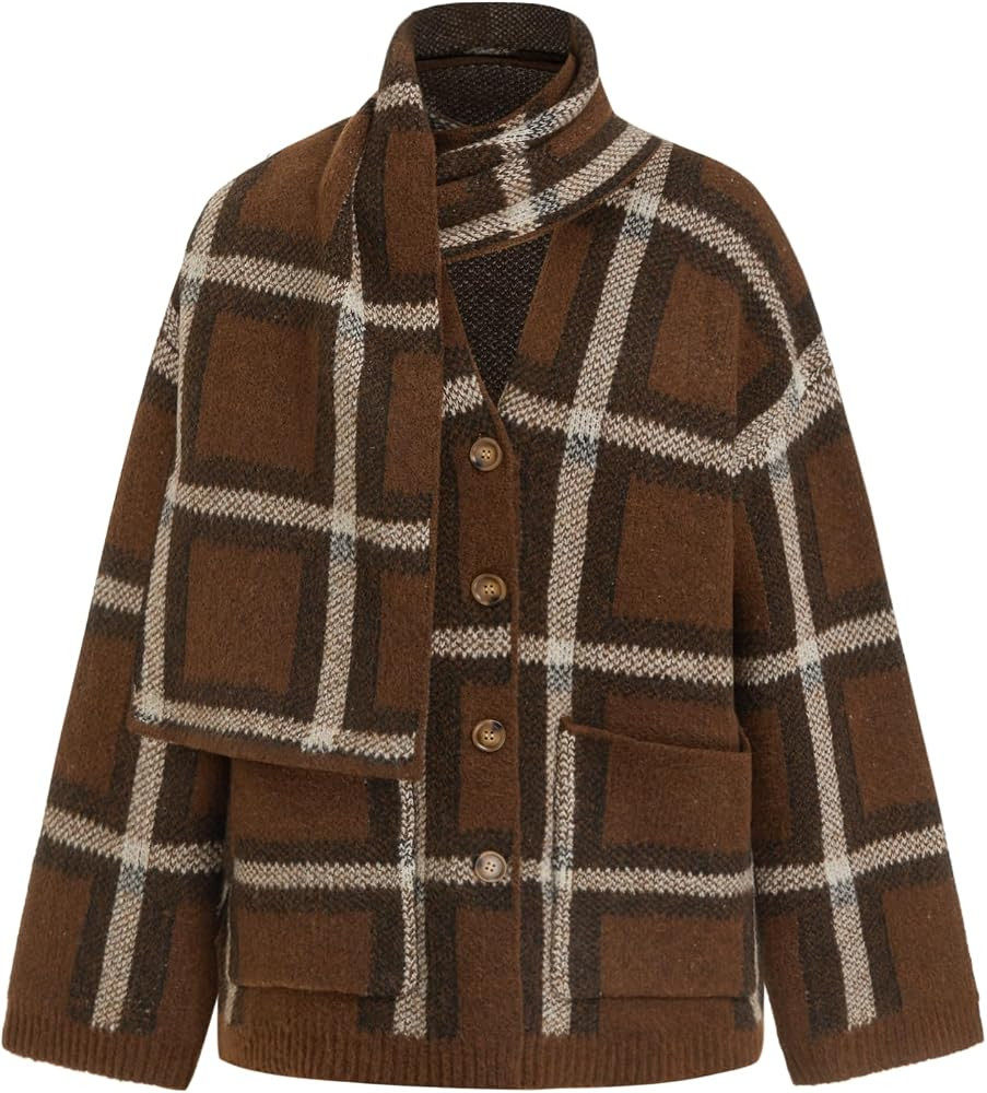 CIDER Oversized Plaid Cardigan Sweaters Knit Jacket with Matching Scarf | Amazon (US)