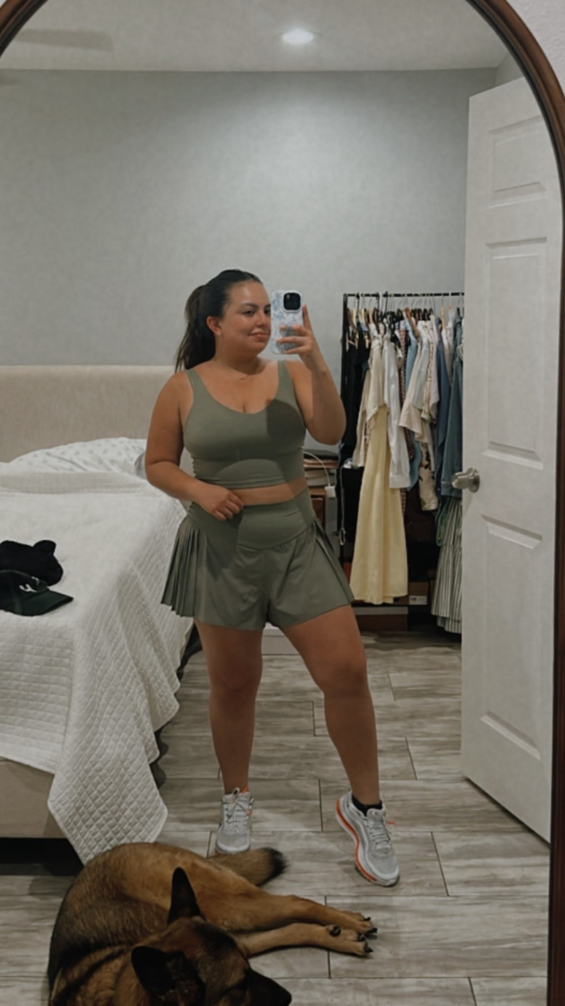 Running outfit , pleated shorts, green workout set , running shoes , aerie clothes , nike shoes 

M Sports Bra 
M Shorts 

#LTKShoeCrush #LTKSummerEdit #LTKStyleTip