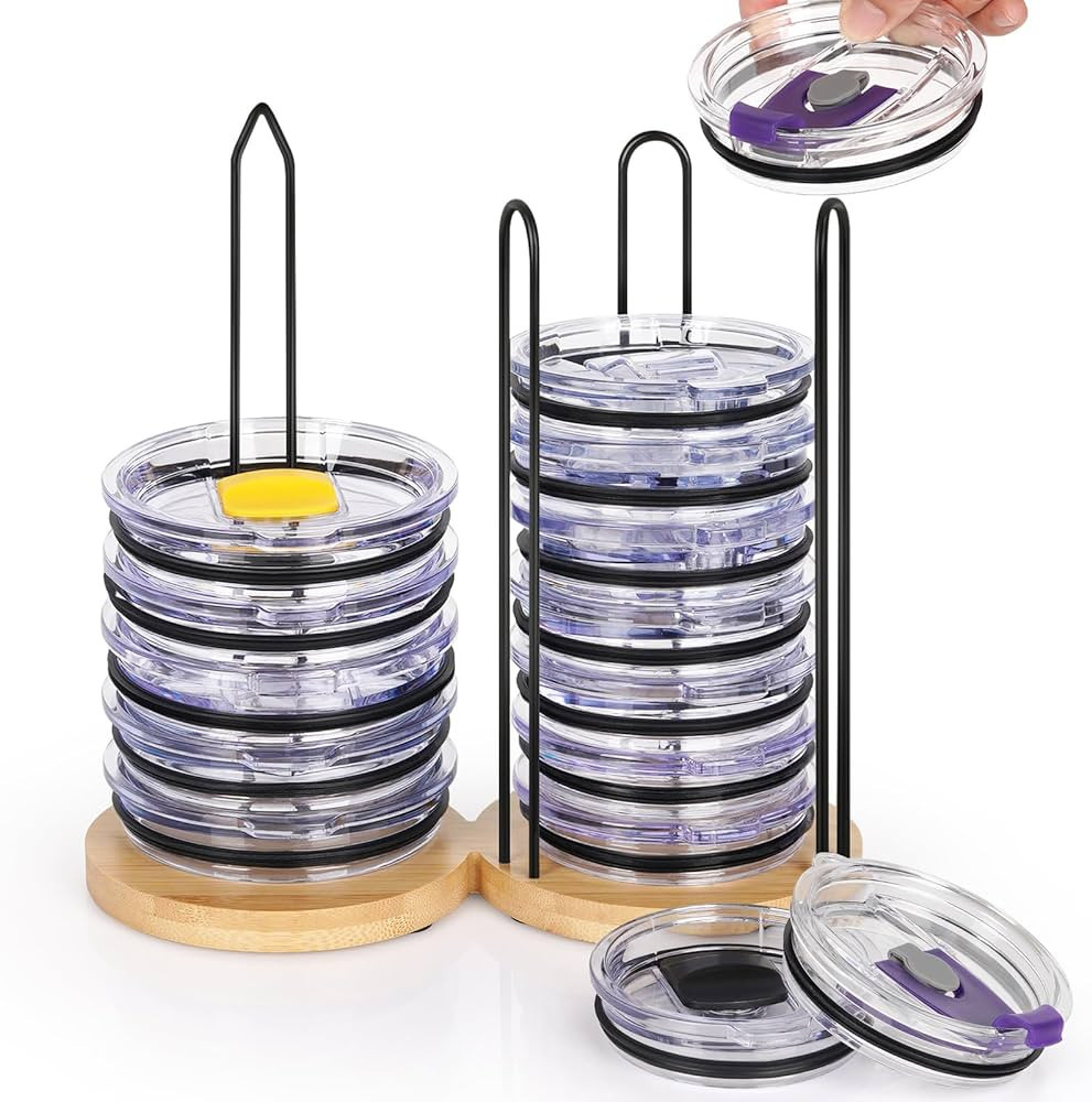 Tumbler Lid Organizer, 2 IN 1 Stacking Tumbler Lid Holder Vertical Storage for Up to 20 Lids, Space-Saving Design Cup Lid Organizer Storage Rack for Kitchen Cabinet and Countertop Organization | Amazon (US)