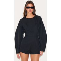 Black Tailored Woven High Neck Cocoon Sleeve Romper | PrettyLittleThing US