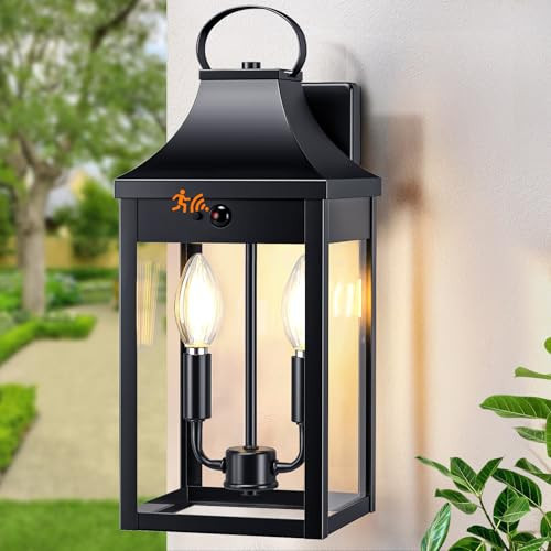 15.5'' Large Motion Sensor Outdoor Wall Light - Dusk to Dawn Outdoor Lighting Black Lantern, Modern Sconces Porch Lights, Exterior Lighting Fixtures with E12, Outside lights for House Garage, 3 Modes | Amazon (US)