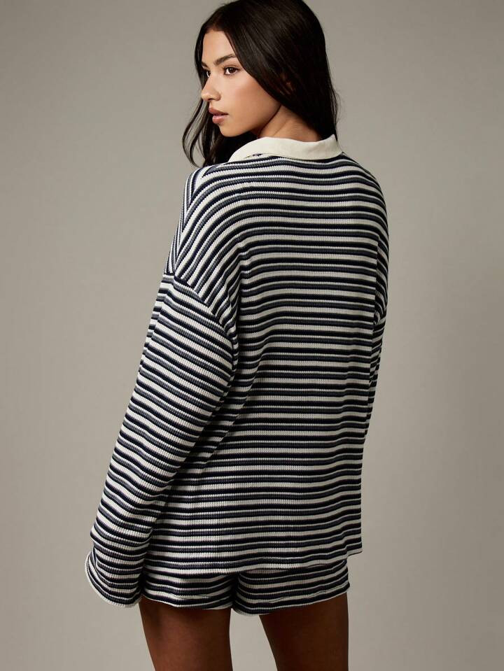 MISSGUIDED Striped Rugby Style Co-Ord Set Long Sleeve Top Shorts Lounge Wear Casual Autumn Winter... | SHEIN