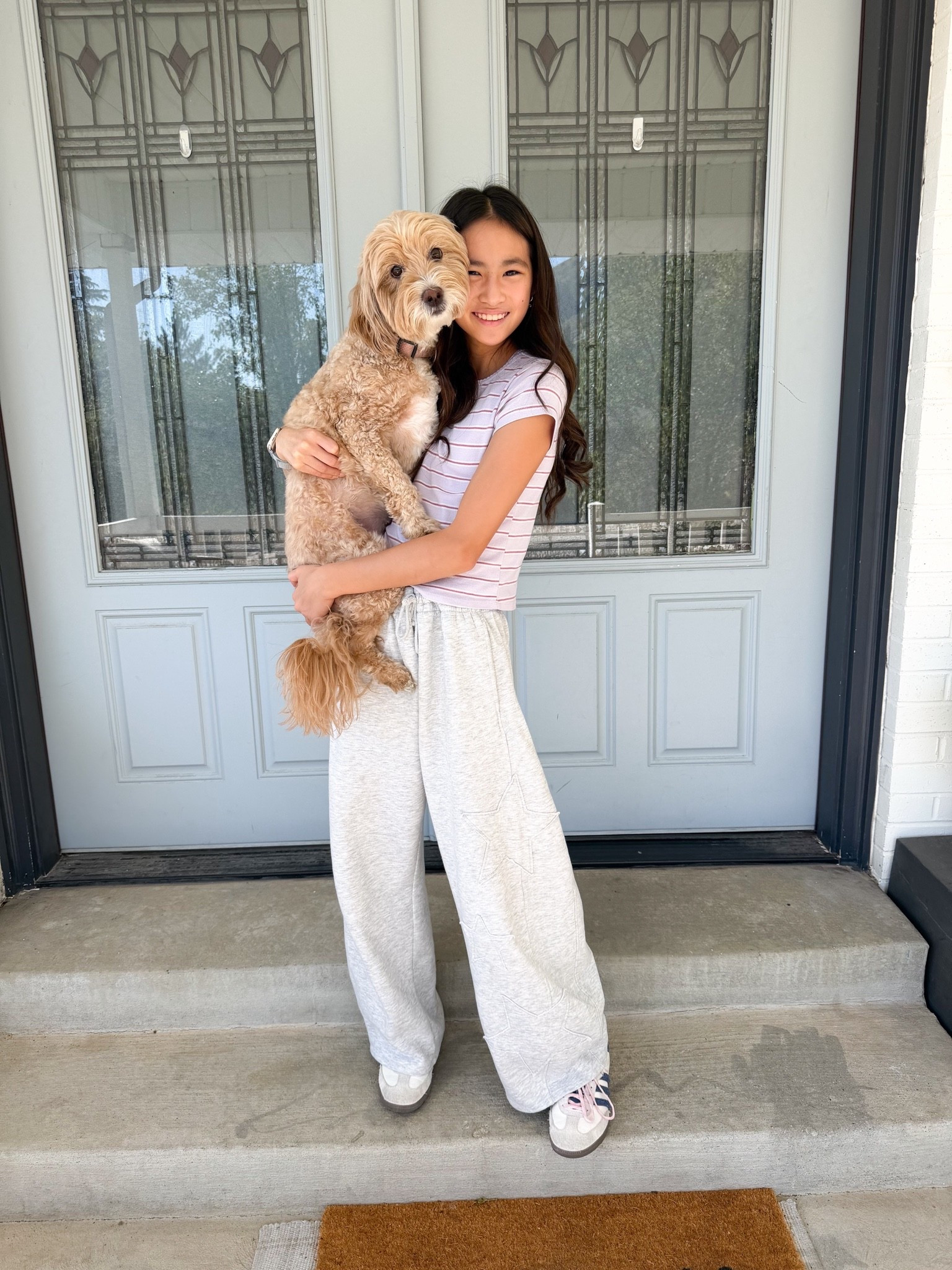 Tween girl outfit 
She loves these wide leg / barrel sweats and her Adidas sneakers SO much!!