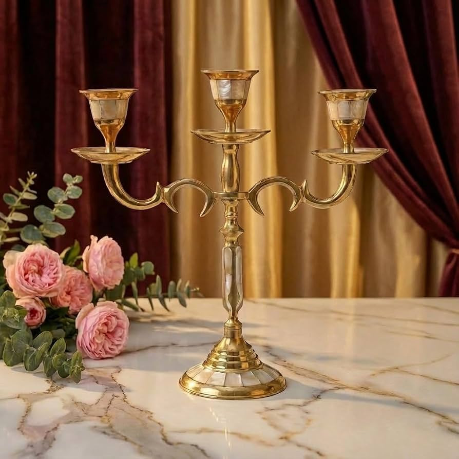 House of Wemy Candelabra Elegant Three-Arm Brass Mother of Pearl Candle Holder for Taper Candles ... | Amazon (US)