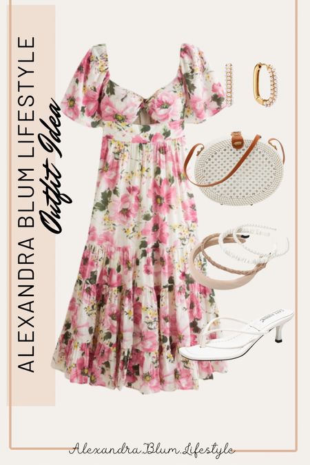 Floral midi maxi dress from Abercrombie perfect for Valentine’s Day dress, spring wedding guest dress, or Easter dress! I paired it with a crossbody oval woven white purse, kitten white heels, headband that comes in a pack of 6 and gold pearl hoop earrings! All accessories are under $25!! 

#LTKbeauty #LTKshoecrush #LTKstyletip