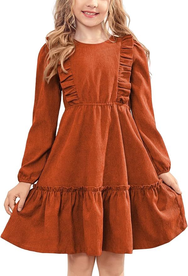 Arshiner Girls Dresses Casual A-line Ruffled Button Long Sleeve Corduroy Swing Dress | Amazon (US)