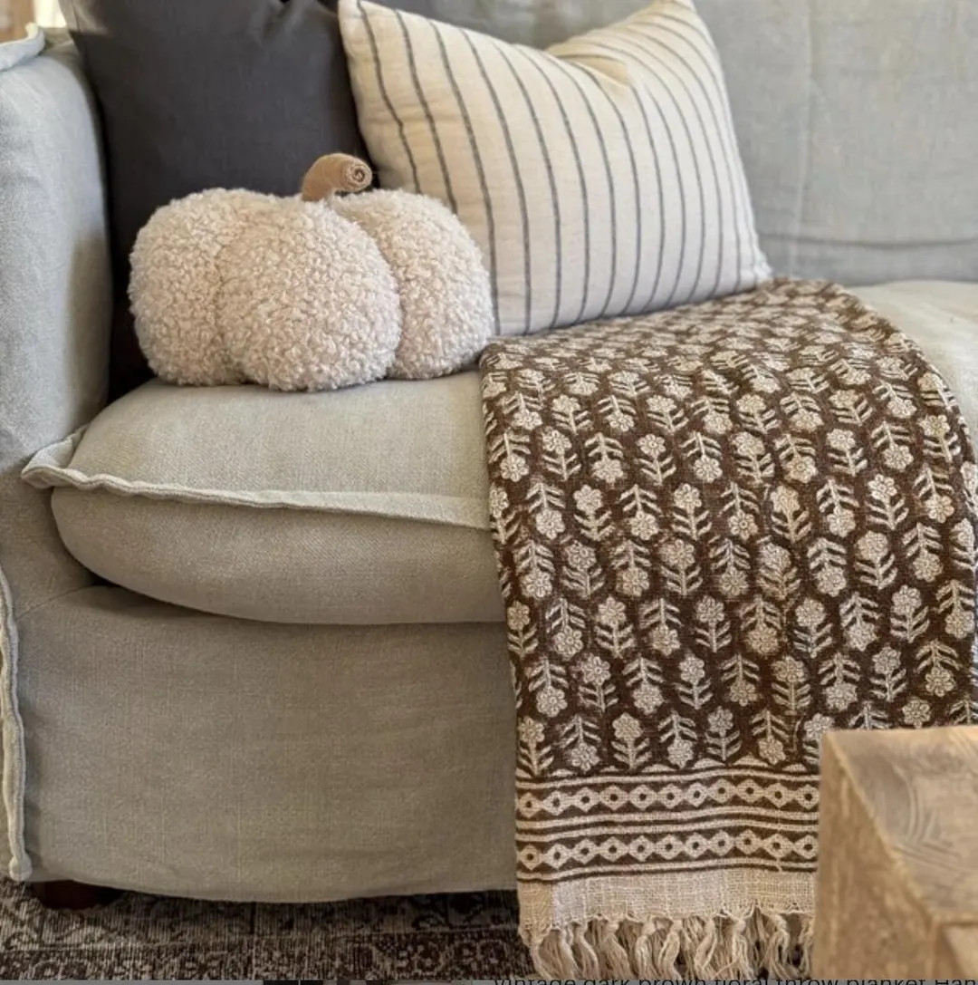 Vintage Dark Brown Floral Throw Blanket Couch Boho Chic Home Decor Inspiration Handmade Block Pri... | Etsy (US)