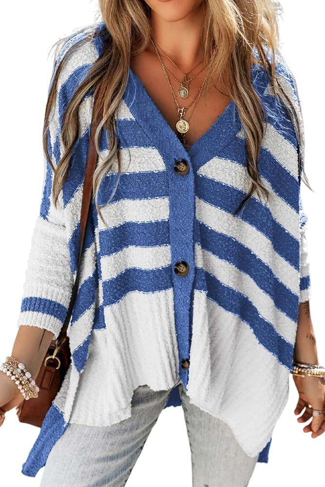 SELINK Women's Cardigan Sweater Casual V Neck Buttoned High Low Sweater Cardigan Striped Long Sle... | Amazon (US)