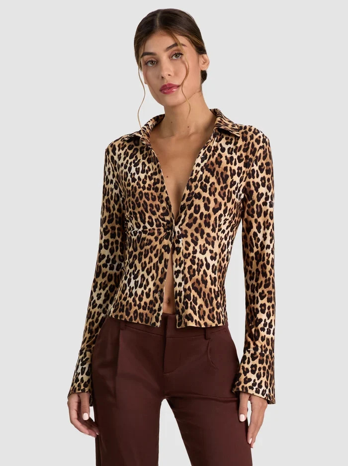 FREYA BUTTON DOWN TOP - SPOTTED LEOPARD | Alice + Olivia