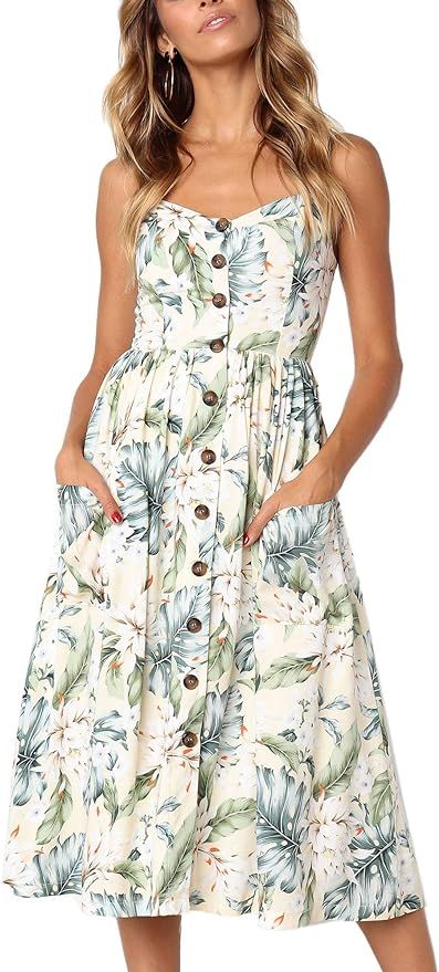ECHOINE Women's Summer Dresses, Floral Boho Spaghetti Strap Button Down Swing Midi Beach Dress wi... | Amazon (US)