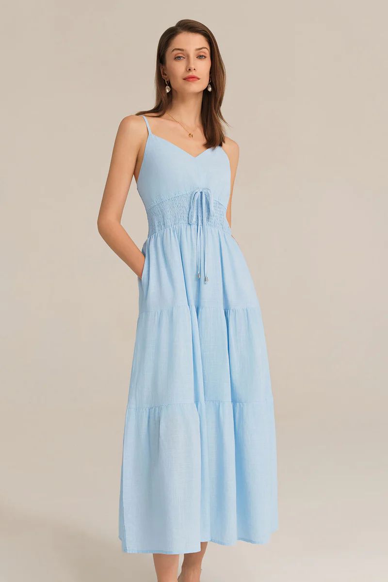 Spaghetti Straps V-Neck Cotton Elastic Waist A-Line Maxi Dress - Blue | GRACE KARIN