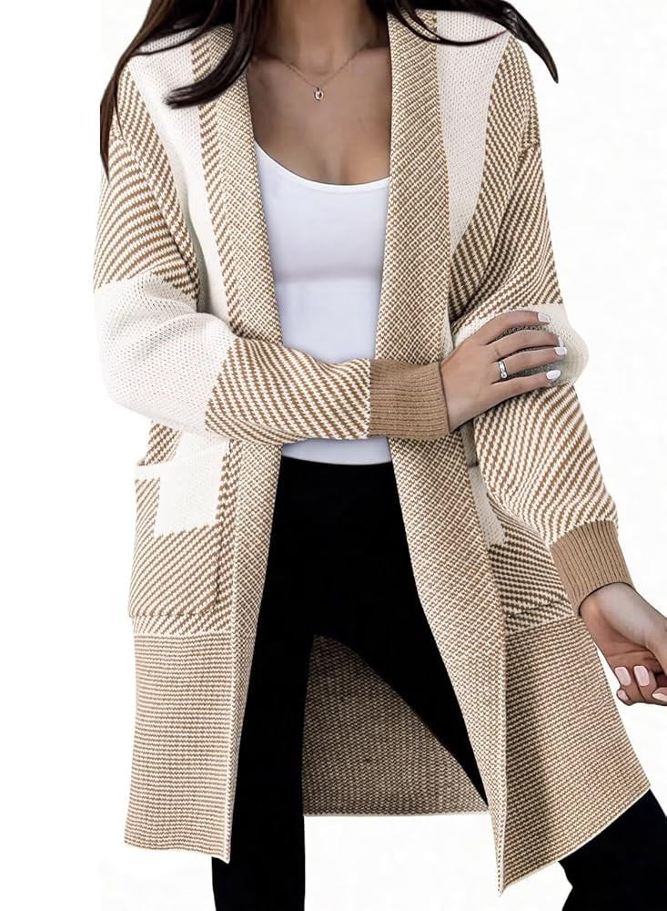 Astylish Women 2025 Open Front Long Sleeve Cardigan Casual Knit Sweaters Color Block Fall Outfits... | Amazon (US)