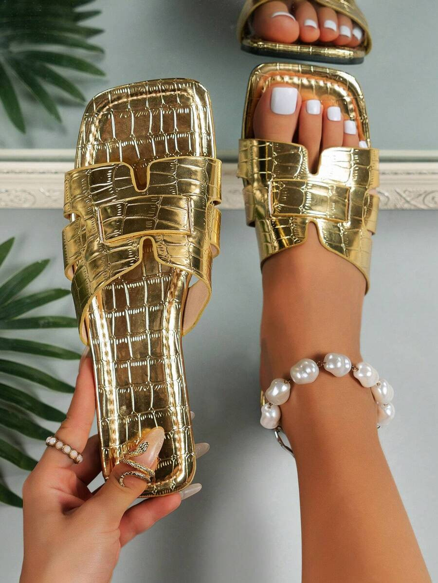 Women Gold Woven Flat Sandals, Women Party Flat Sandals, Women Outdoor Flat Sandals, Women 2023 N... | SHEIN