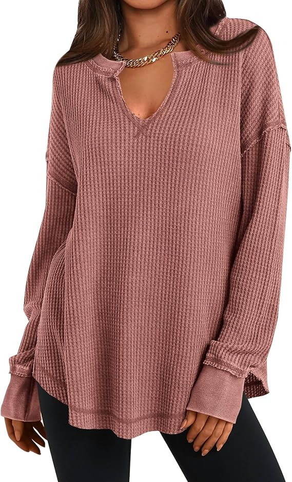 PRETTYGARDEN Womens Fall Fashion 2026 Waffle Knit Long Sleeve Tunic Tops for Women Loose Fit Dres... | Amazon (US)