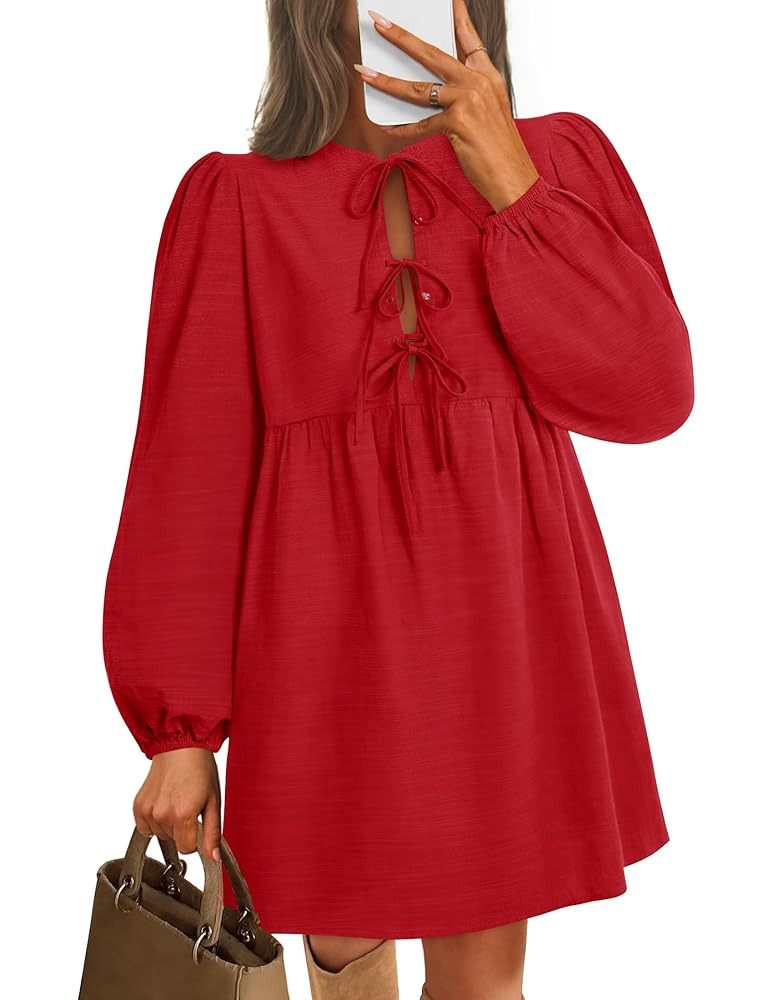ZESICA Women's Dress Fall Long Puff Sleeve Self Tie Front Babydoll A Line Pleated Cute Mini Tunic... | Amazon (US)
