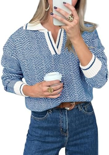 Saodimallsu Womens Fall Sweaters Tops Lapel V Neck Knit Sweater Color Block Long Sleeve Casual So... | Amazon (US)