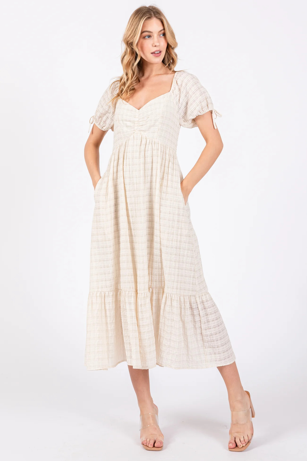 Ivory Textured Plaid Puff Short Sleeve Midi Dress | PinkBlush Maternity