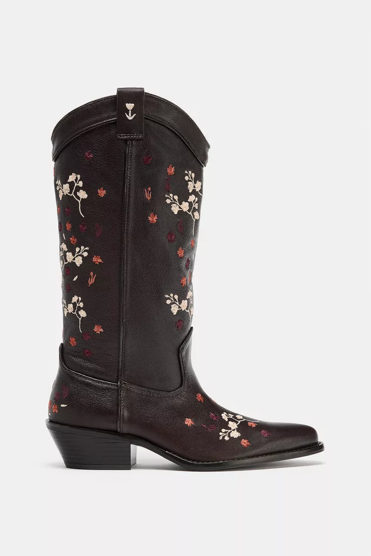 Zara - Leather Embroidered Cowboy Boots - Brown - 9 - Woman | Zara US