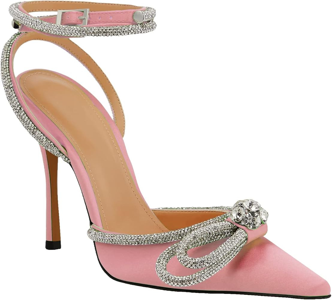 JANSEVEN Rhinestone Bow Heels Black Satin Bowknot Heeled Sandals for Women Ankle Strap Pumps Knot... | Amazon (US)