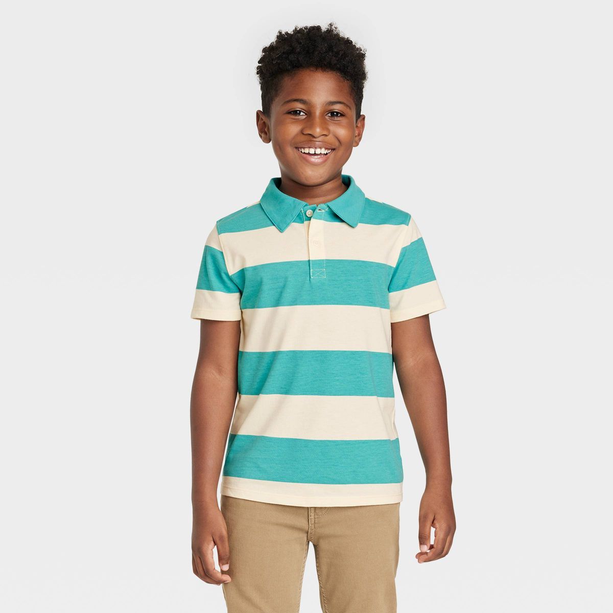 Boys' Short Sleeve Rugby Stripe Polo Shirt - Cat & Jack™ Cream | Target