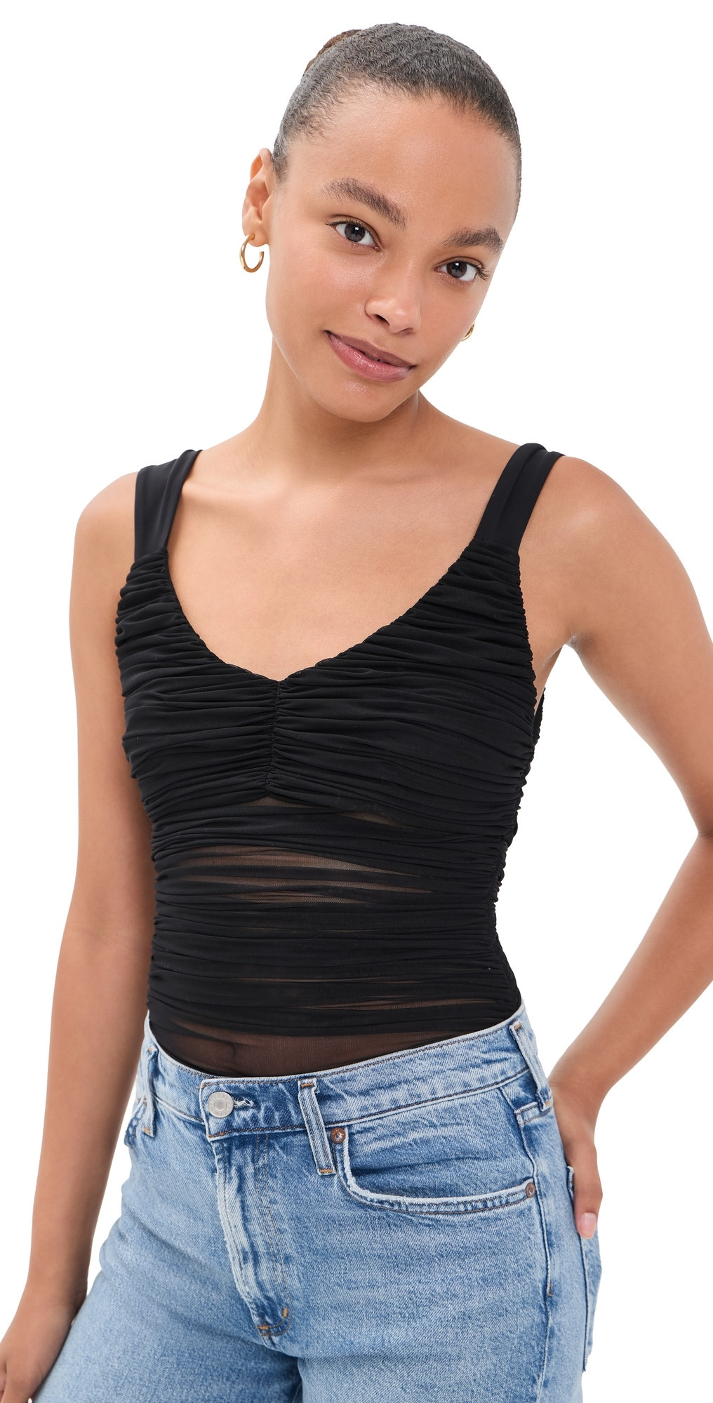 ALICE + OLIVIA Renee Sheer Soft Ruched Tank Thong Bodysuit Black L | Shopbop