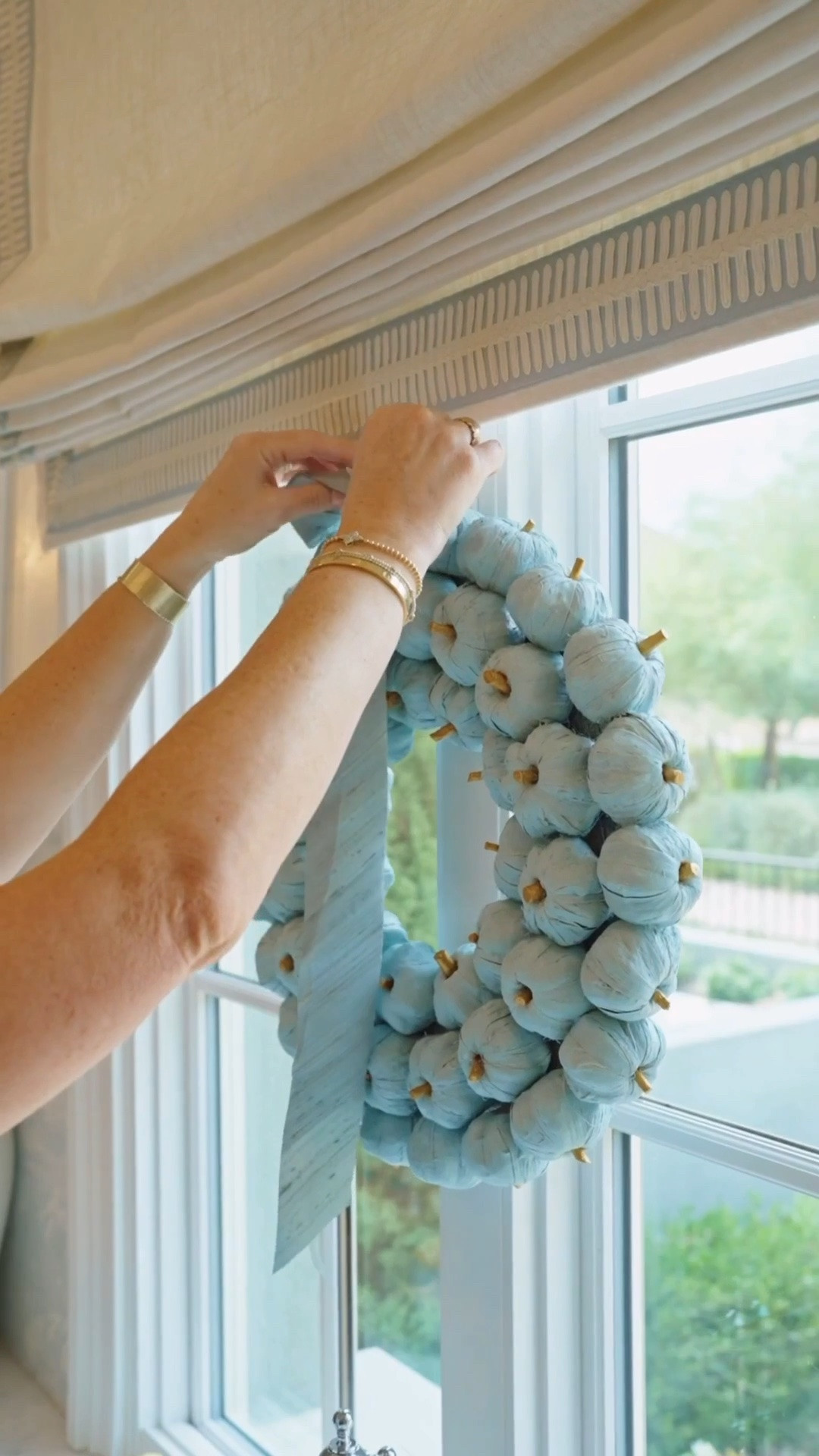 Transform this orange pumpkin wreath to a beautiful blue and gold designer wreath! Everything you need linked below!