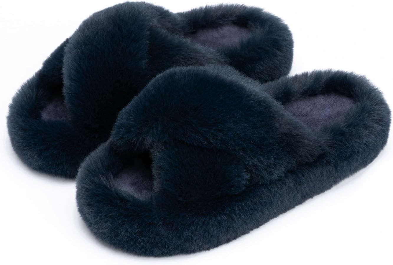 Chantomoo Women's Blue Memory Foam Faux Fur Lined Open Toe Slippers for Women - US 12 | Amazon (US)