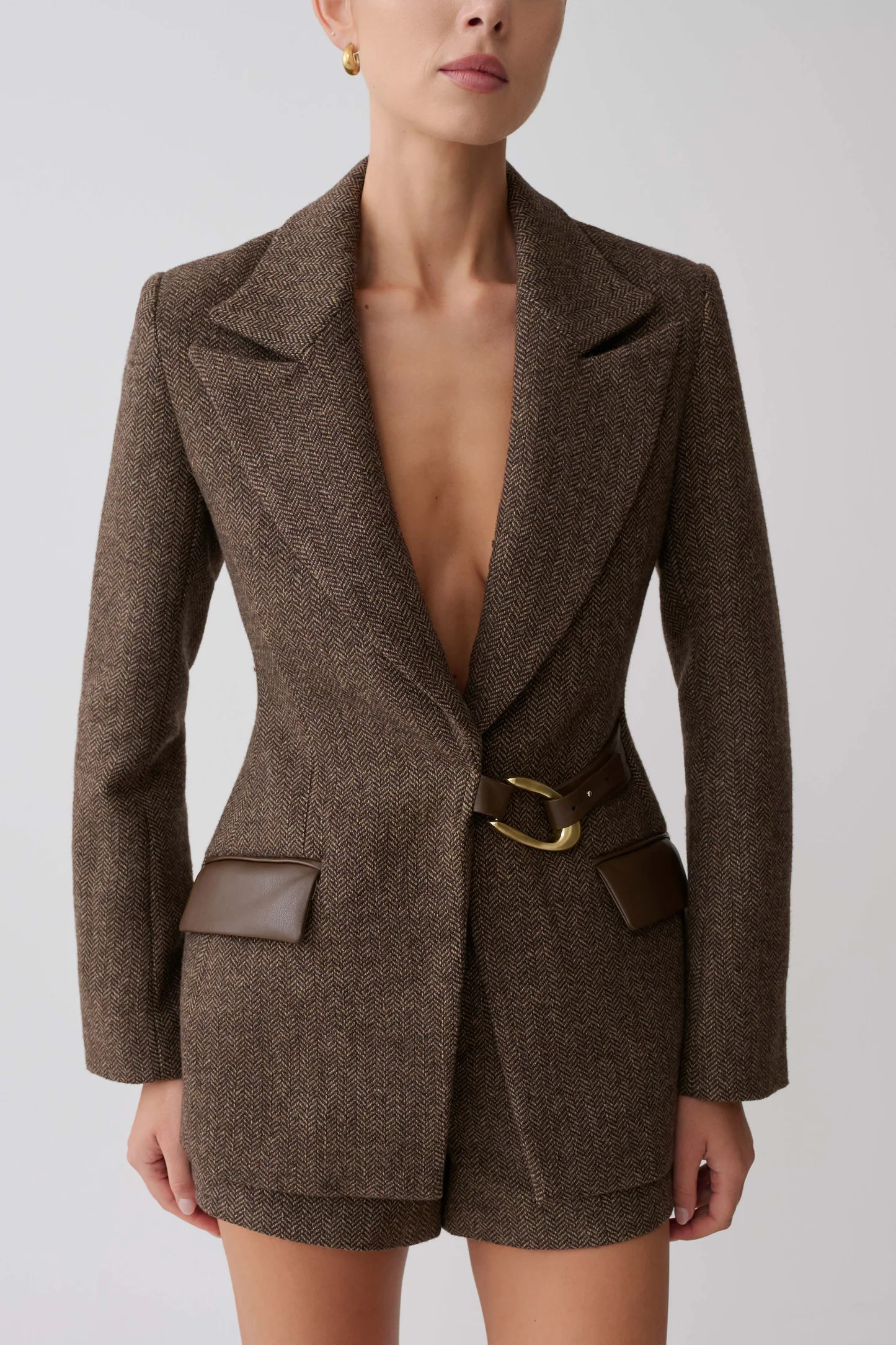 Structured Blazer With Hardware - Herringbone | MESHKI US