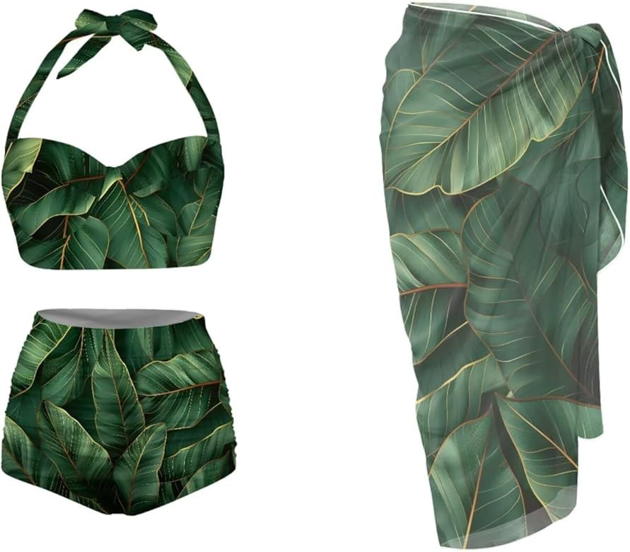 Women's 3pcs Swimsuit Set Halter Tummy Control Bathing Suits with Long Sheer Beach Cover Up Skirt S-XXL | Amazon (US)