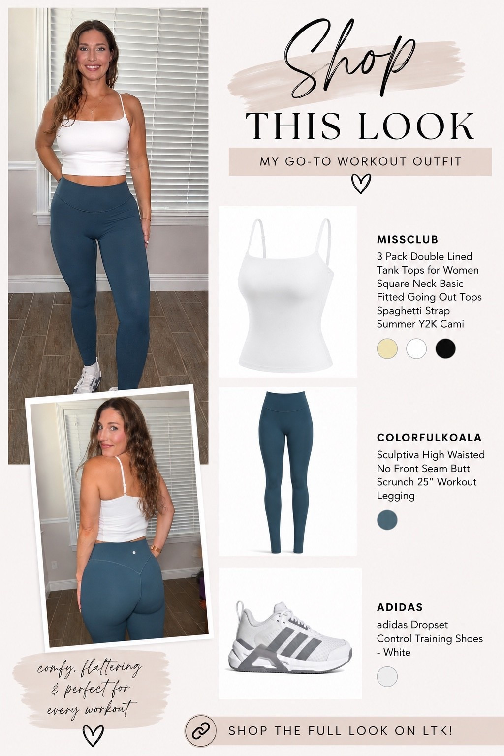 Current workout uniform 🤍 These leggings are SO flattering, the tank is double-lined, and these training shoes have been my go-to lately. Comfy, supportive, and cute enough to wear even outside the gym ✨ Shop the full look 🩵

#LTKootd #LTKActive #LTKgrwm