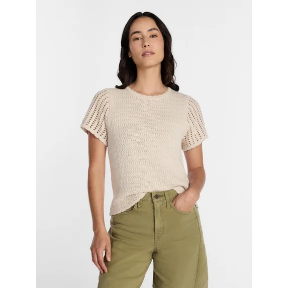 Time and Tru Women's Textured Crewneck Sweater with Short Sleeves, Lightweight, Sizes XS-XXXL | Walmart (US)