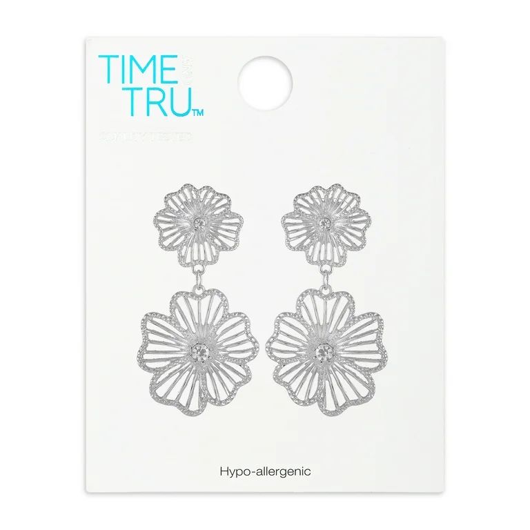 Time and Tru Women's Silver Tone Open Flower Statement Earring with Crystal Stones - Walmart.com | Walmart (US)