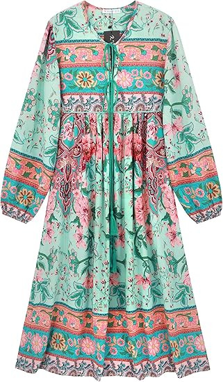 R.Vivimos Women's Long Sleeve Floral Print Retro V Neck Tassel Bohemian Midi Dresses | Amazon (US)