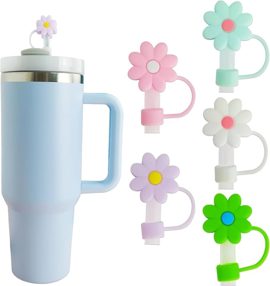 5 PCS Silicone Straw Covers Cap Compatible with Stanley 30&40 Oz Cup, 10mm Cute Flower Straw Topp... | Amazon (US)