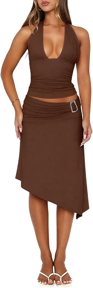 Goafuliy Women's 2 Piece Sets Deep V Neck Halter Top Asymmetrical Midi Skirt Set Summer Going Out... | Amazon (US)